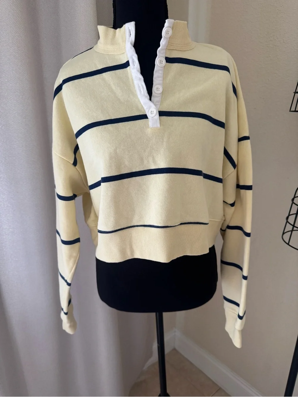 BP. Cream Navy Stripe Half Button Cropped Sweatshirt Pullover Size S - Picture 2 of 11